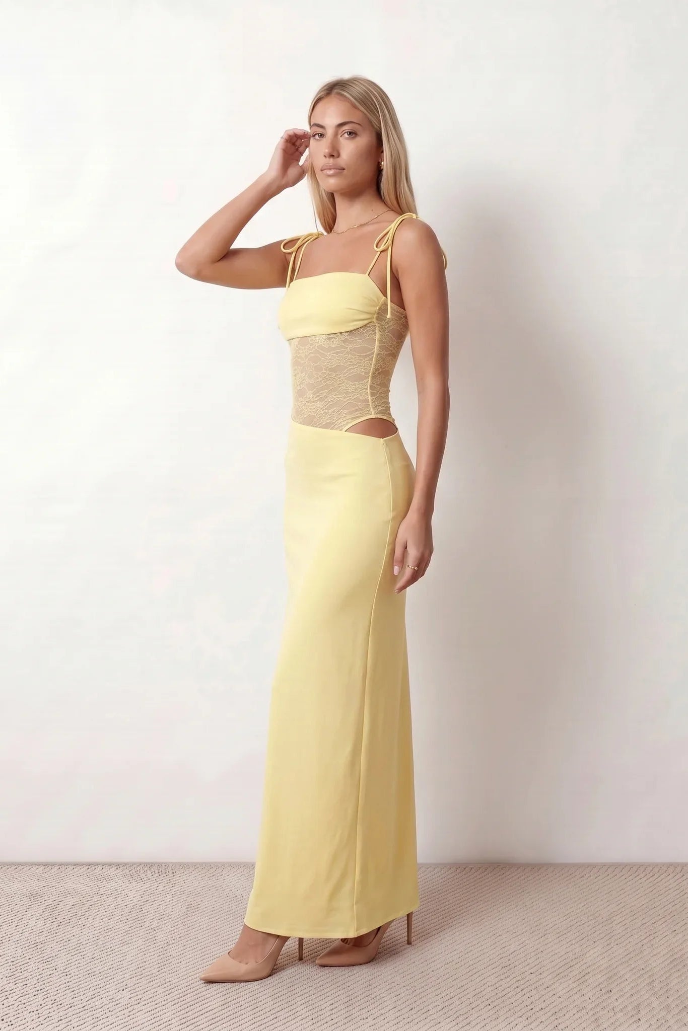 Women’s lace panel maxi dress featuring a square neckline, adjustable spaghetti straps, sheer lace waist, low open back, and floor-length silhouette for evening wear.