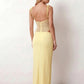 Women’s lace panel maxi dress featuring a square neckline, adjustable spaghetti straps, sheer lace waist, low open back, and floor-length silhouette for evening wear.