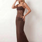 Women’s lace panel maxi dress featuring a square neckline, adjustable spaghetti straps, sheer lace waist, low open back, and floor-length silhouette for evening wear.