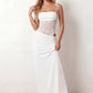 Women’s lace panel maxi dress featuring a square neckline, adjustable spaghetti straps, sheer lace waist, low open back, and floor-length silhouette for evening wear.