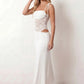 Women’s lace panel maxi dress featuring a square neckline, adjustable spaghetti straps, sheer lace waist, low open back, and floor-length silhouette for evening wear.