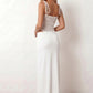 Women’s lace panel maxi dress featuring a square neckline, adjustable spaghetti straps, sheer lace waist, low open back, and floor-length silhouette for evening wear.