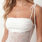 Women’s lace panel maxi dress featuring a square neckline, adjustable spaghetti straps, sheer lace waist, low open back, and floor-length silhouette for evening wear.