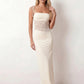 Women’s lace panel maxi dress featuring a square neckline, adjustable spaghetti straps, sheer lace waist, low open back, and floor-length silhouette for evening wear.