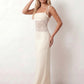 Women’s lace panel maxi dress featuring a square neckline, adjustable spaghetti straps, sheer lace waist, low open back, and floor-length silhouette for evening wear.