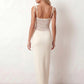 Women’s lace panel maxi dress featuring a square neckline, adjustable spaghetti straps, sheer lace waist, low open back, and floor-length silhouette for evening wear.