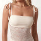 Women’s lace panel maxi dress featuring a square neckline, adjustable spaghetti straps, sheer lace waist, low open back, and floor-length silhouette for evening wear.