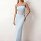 Women’s lace panel maxi dress featuring a square neckline, adjustable spaghetti straps, sheer lace waist, low open back, and floor-length silhouette for evening wear.