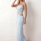 Women’s lace panel maxi dress featuring a square neckline, adjustable spaghetti straps, sheer lace waist, low open back, and floor-length silhouette for evening wear.