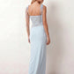 Women’s lace panel maxi dress featuring a square neckline, adjustable spaghetti straps, sheer lace waist, low open back, and floor-length silhouette for evening wear.