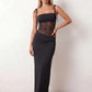 Women’s lace panel maxi dress featuring a square neckline, adjustable spaghetti straps, sheer lace waist, low open back, and floor-length silhouette for evening wear.