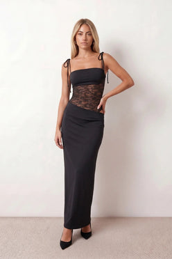 Women’s lace panel maxi dress featuring a square neckline, adjustable spaghetti straps, sheer lace waist, low open back, and floor-length silhouette for evening wear.