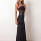 Women’s lace panel maxi dress featuring a square neckline, adjustable spaghetti straps, sheer lace waist, low open back, and floor-length silhouette for evening wear.