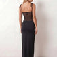 Women’s lace panel maxi dress featuring a square neckline, adjustable spaghetti straps, sheer lace waist, low open back, and floor-length silhouette for evening wear.