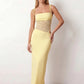 Women’s lace panel maxi dress featuring a square neckline, adjustable spaghetti straps, sheer lace waist, low open back, and floor-length silhouette for evening wear.