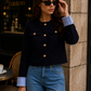 Women’s Navy Striped Tweed Jacket with Gold Buttons