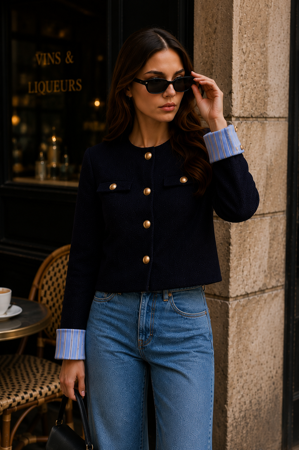 Women’s Navy Striped Tweed Jacket with Gold Buttons