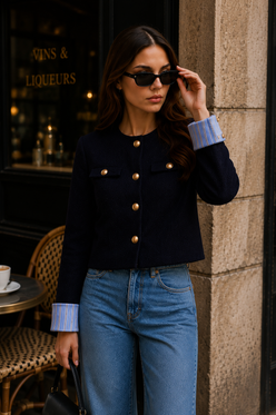 Women’s Navy Striped Tweed Jacket with Gold Buttons