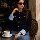 Women’s Navy Striped Tweed Jacket with Gold Buttons
