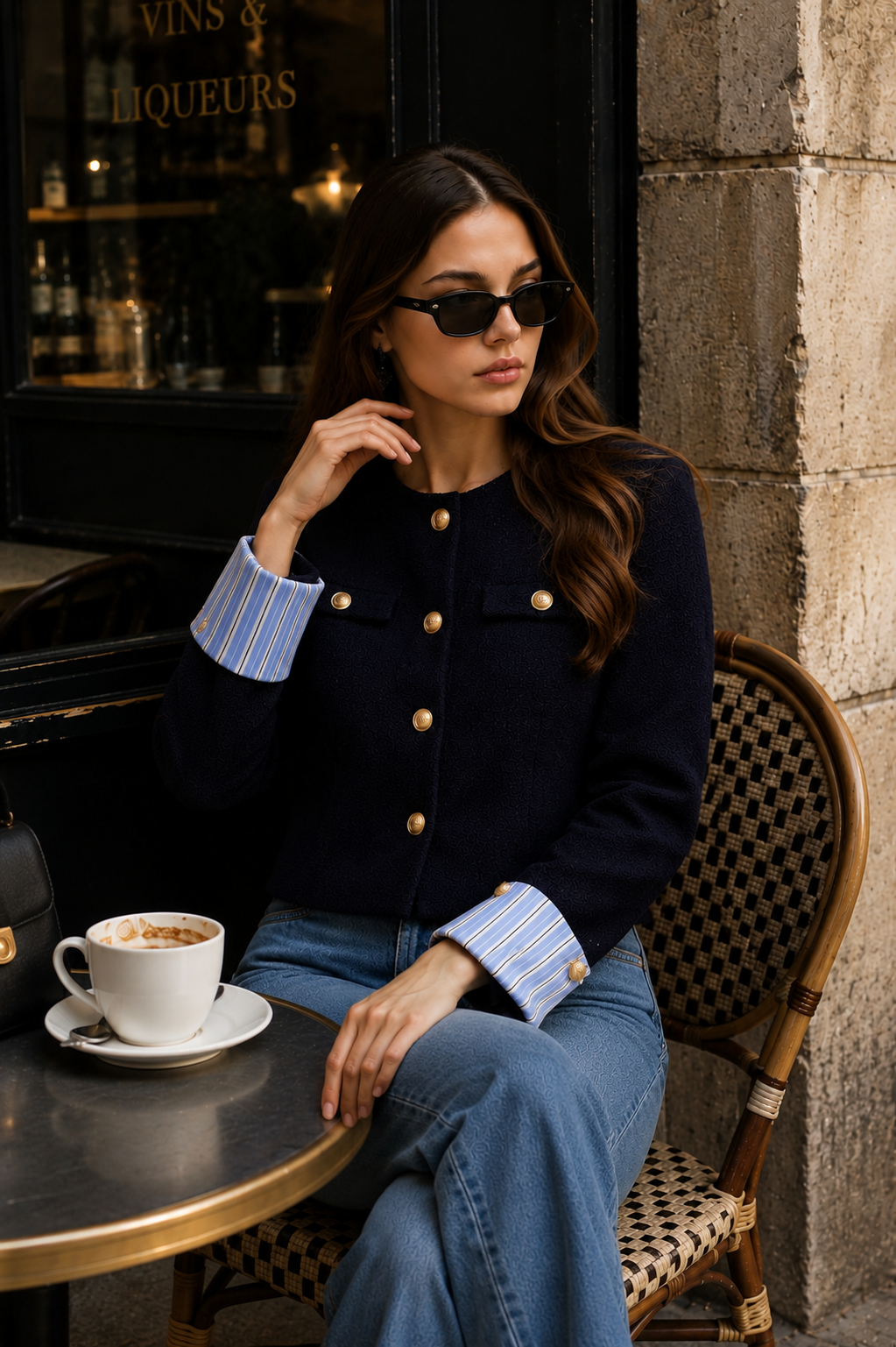 Women’s Navy Striped Tweed Jacket with Gold Buttons