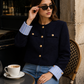 Women’s Navy Striped Tweed Jacket with Gold Buttons