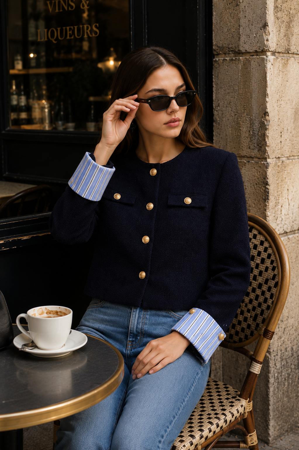 Women’s Navy Striped Tweed Jacket with Gold Buttons