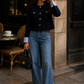 Women’s Navy Striped Tweed Jacket with Gold Buttons