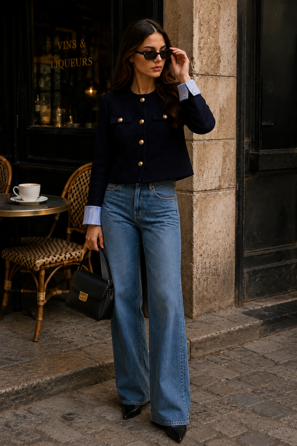 Women’s Navy Striped Tweed Jacket with Gold Buttons