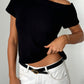 Women’s white one-shoulder knit top featuring short sleeves, high-stretch knit fabric, and a fitted silhouette for casual everyday wear.