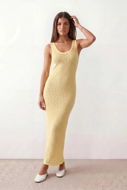 Women’s openwork knit maxi dress with a diamond knit texture, round neckline, wide straps, and sleeveless design for beach and summer wear.