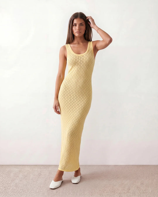 Women’s openwork knit maxi dress with a diamond knit texture, round neckline, wide straps, and sleeveless design for beach and summer wear.