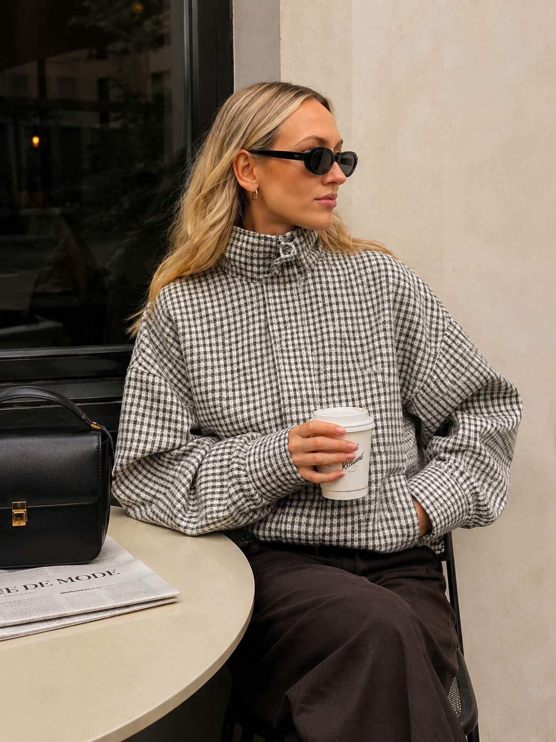 Women’s Oversized Plaid Cropped Bomber Jacket with Zip Front