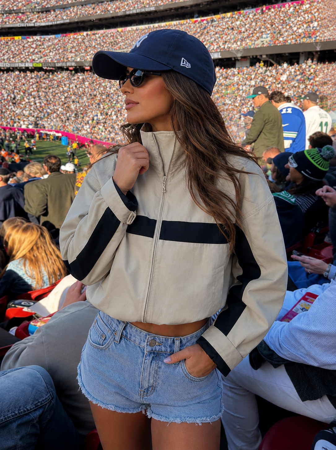 Women’s Oversized Bomber Jacket with Stand Collar & Zip Front