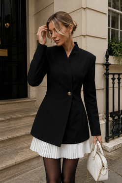 Women’s Pleated One-Button Blazer Dress with Tailored Detail for Formal & Evening Wear