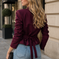 Women’s Pleated V-Neck Cinched Waist Jacket with Tie Detail for Autumn & Smart Casual Wear