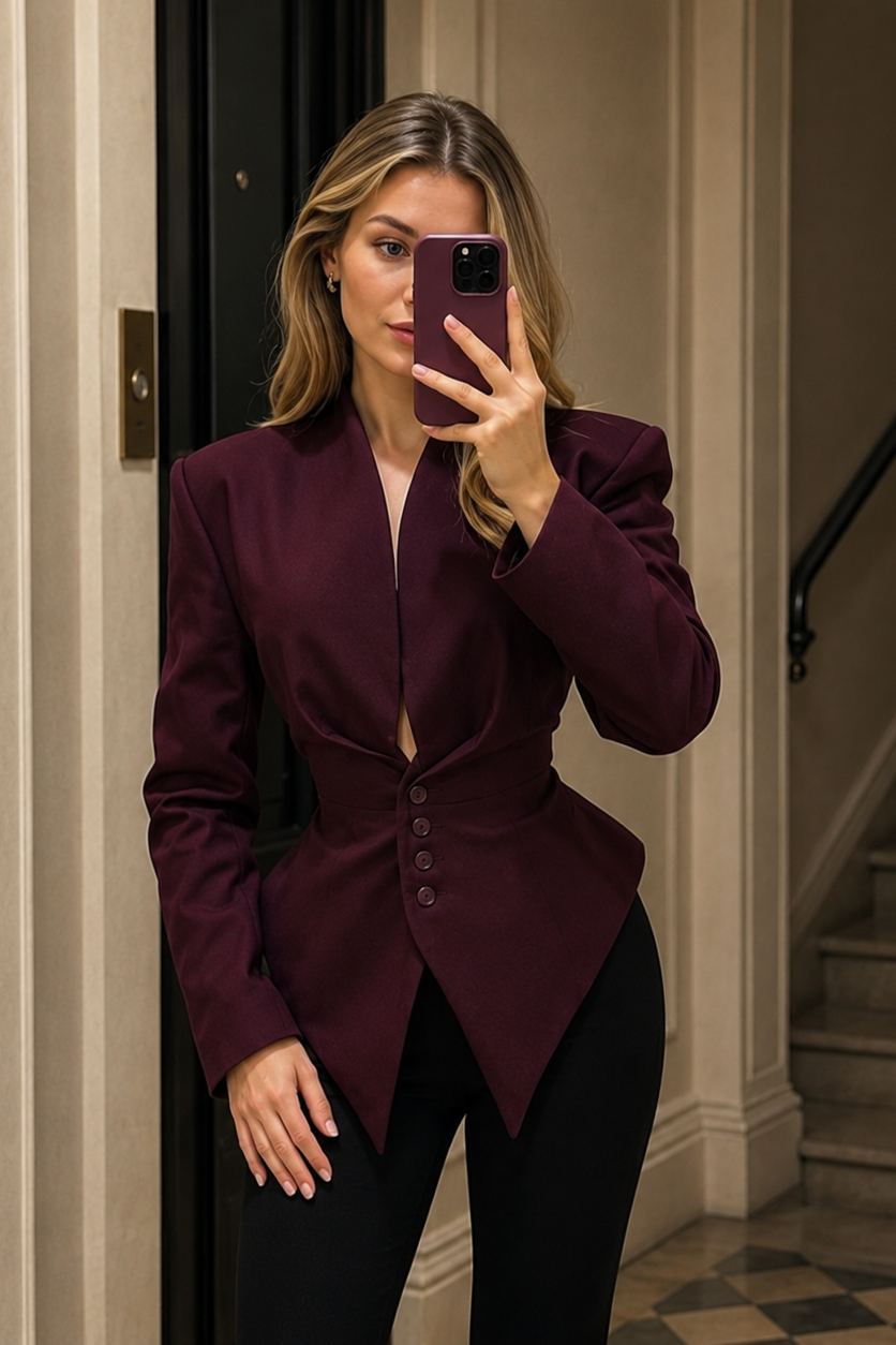 Women’s Pleated V-Neck Cinched Waist Jacket with Tie Detail for Autumn & Smart Casual Wear