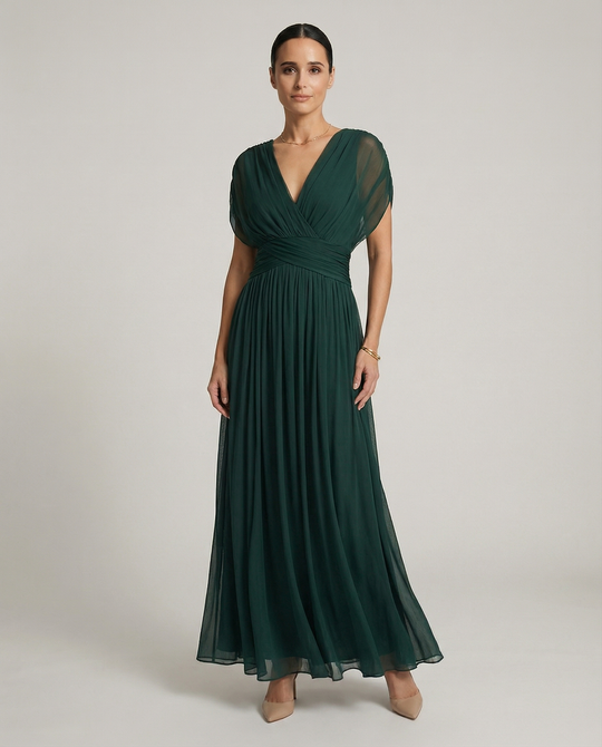 Women’s pleated V-neck maxi dress with flowing skirt and soft gradient tones