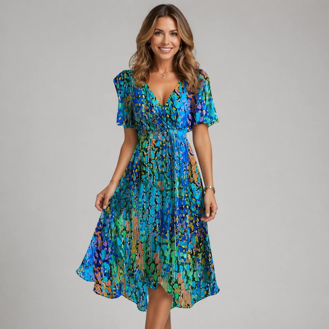 Women’s printed asymmetric summer dress with flowing hem and lightweight fabric