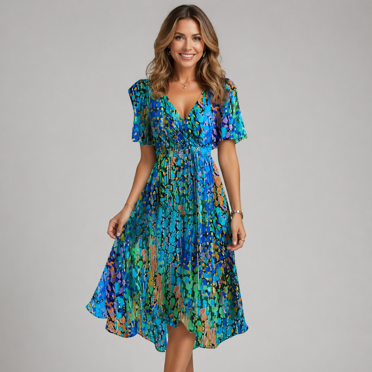 Women’s printed asymmetric summer dress with flowing hem and lightweight fabric