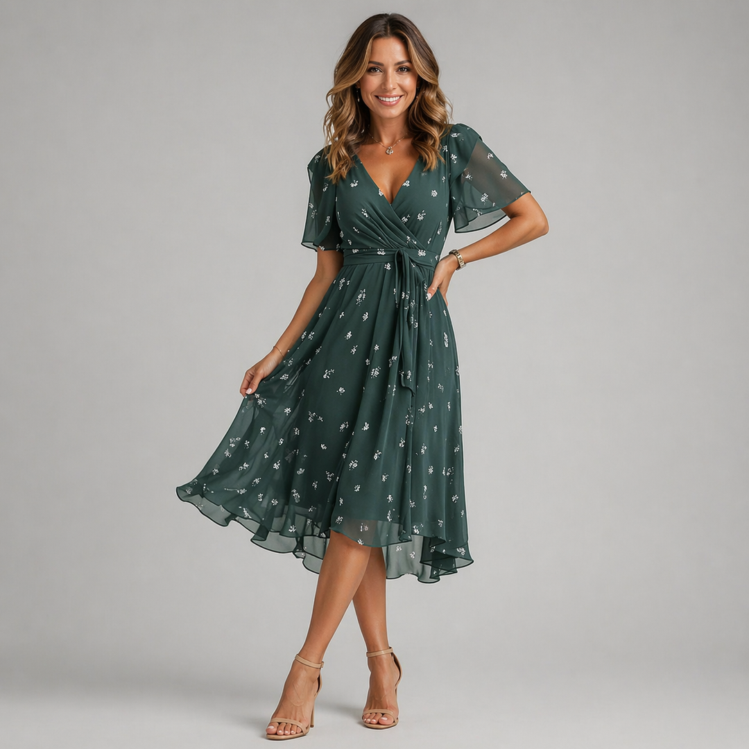 Women’s printed asymmetric summer dress with flowing hem and lightweight fabric
