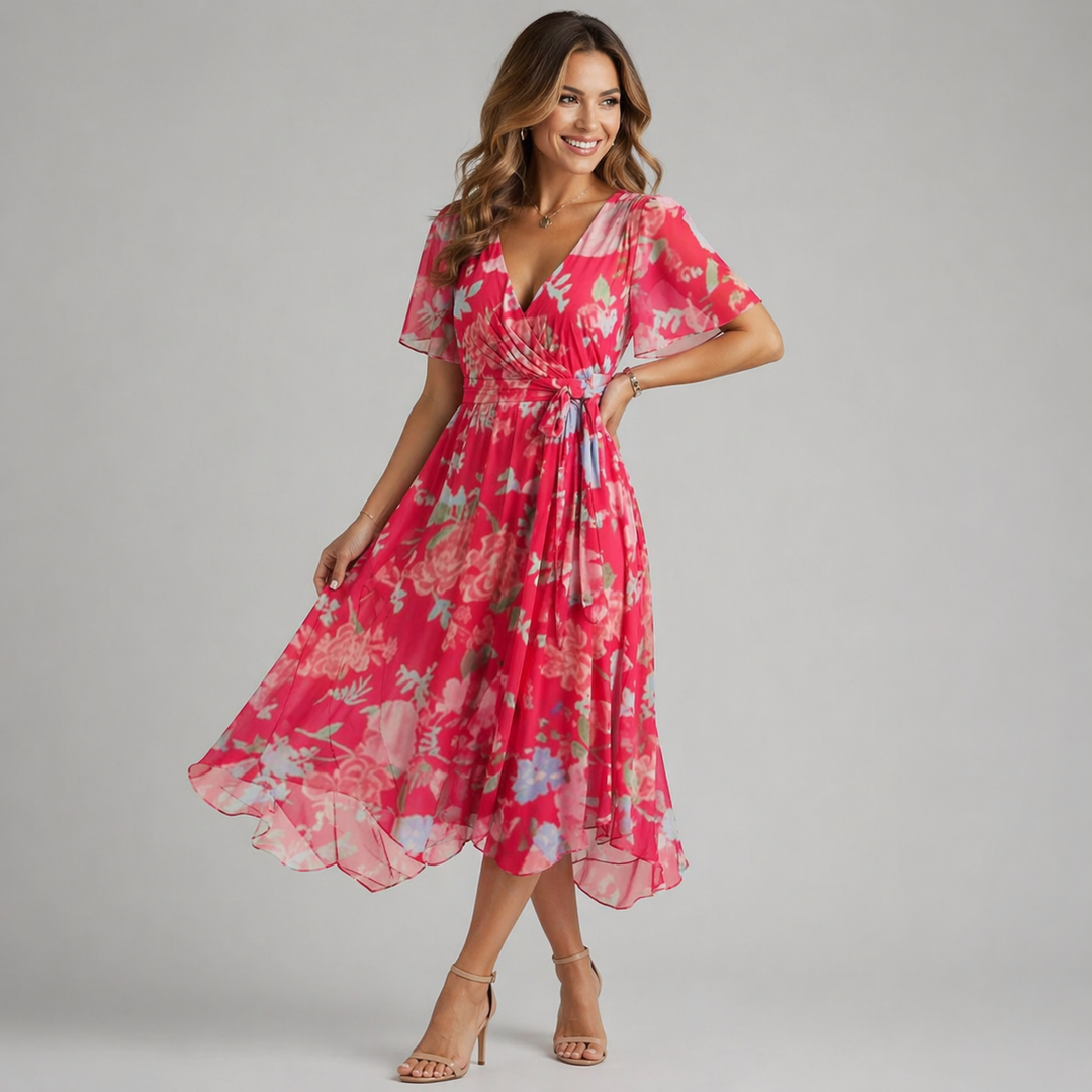 Women’s printed asymmetric summer dress with flowing hem and lightweight fabric