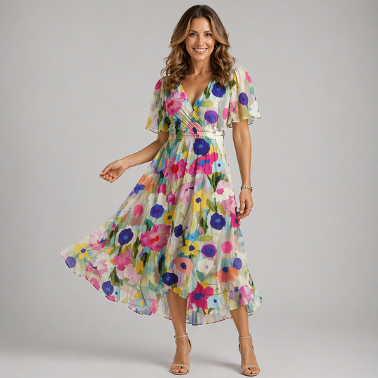 Women’s printed asymmetric summer dress with flowing hem and lightweight fabric