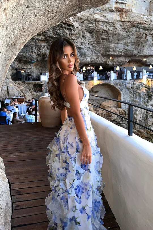 Women’s ruffle maxi dress with corset bodice and flowing layered skirt