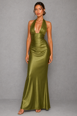 Women’s Satin Halter Maxi Dress with Corset Bodice for Formal & Evening Wear