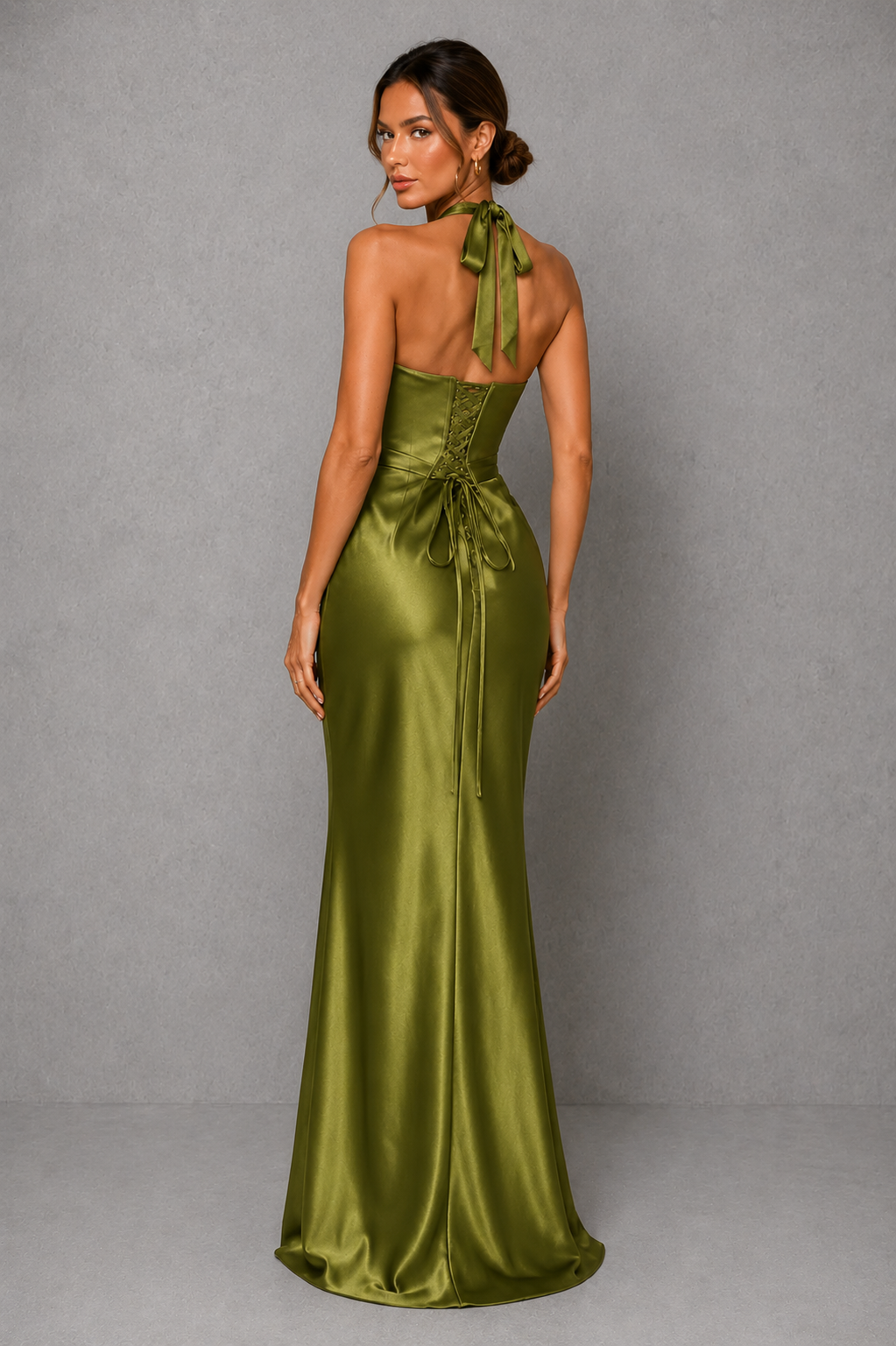 Women’s Satin Halter Maxi Dress with Corset Bodice for Formal & Evening Wear