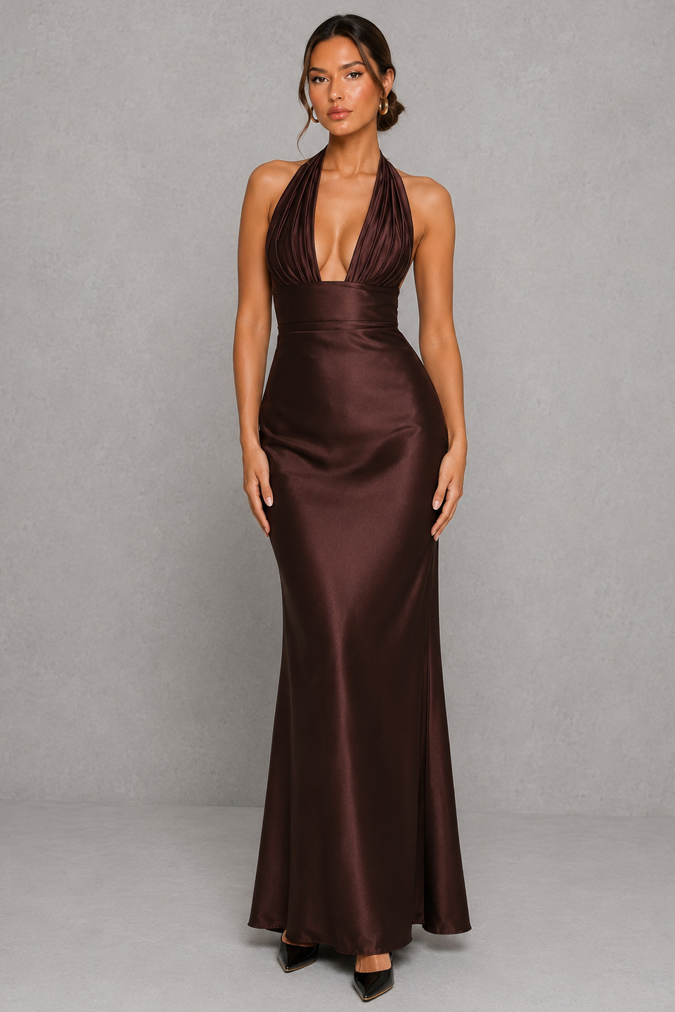 Women’s Satin Halter Maxi Dress with Corset Bodice for Formal & Evening Wear