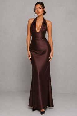 Women’s Satin Halter Maxi Dress with Corset Bodice for Formal & Evening Wear