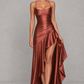 Women’s Satin High-Low Maxi Dress with Ruffle Hem & Split