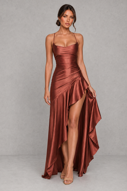 Women’s Satin High-Low Maxi Dress with Ruffle Hem & Split