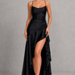 Women’s Satin High-Low Maxi Dress with Ruffle Hem & Split
